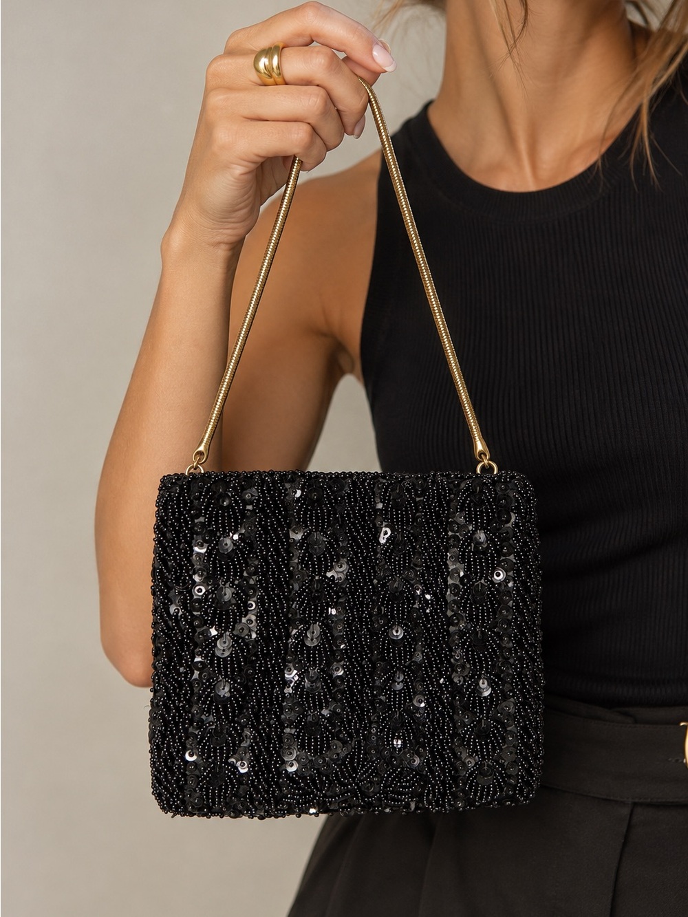 Vintage Black Beaded Sequin Mini Bag Gold Chain Evening Purse Hong Kong